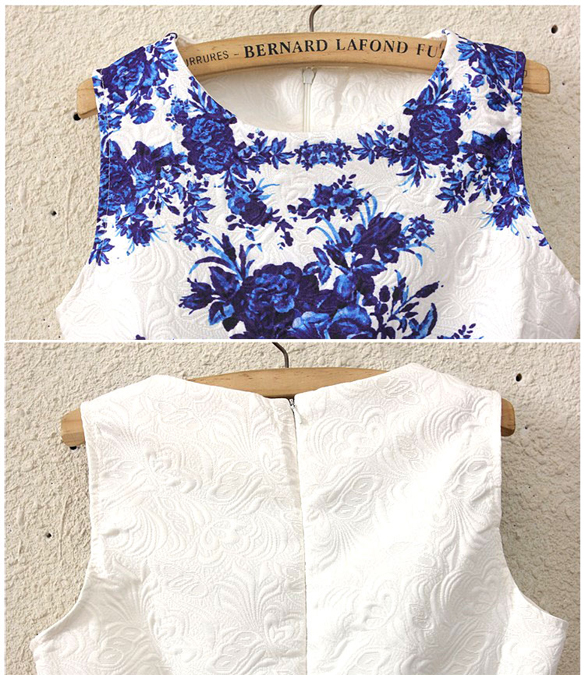 Women's Sleeveless White And Blue Porcelain Floral Print Flare Mini ...