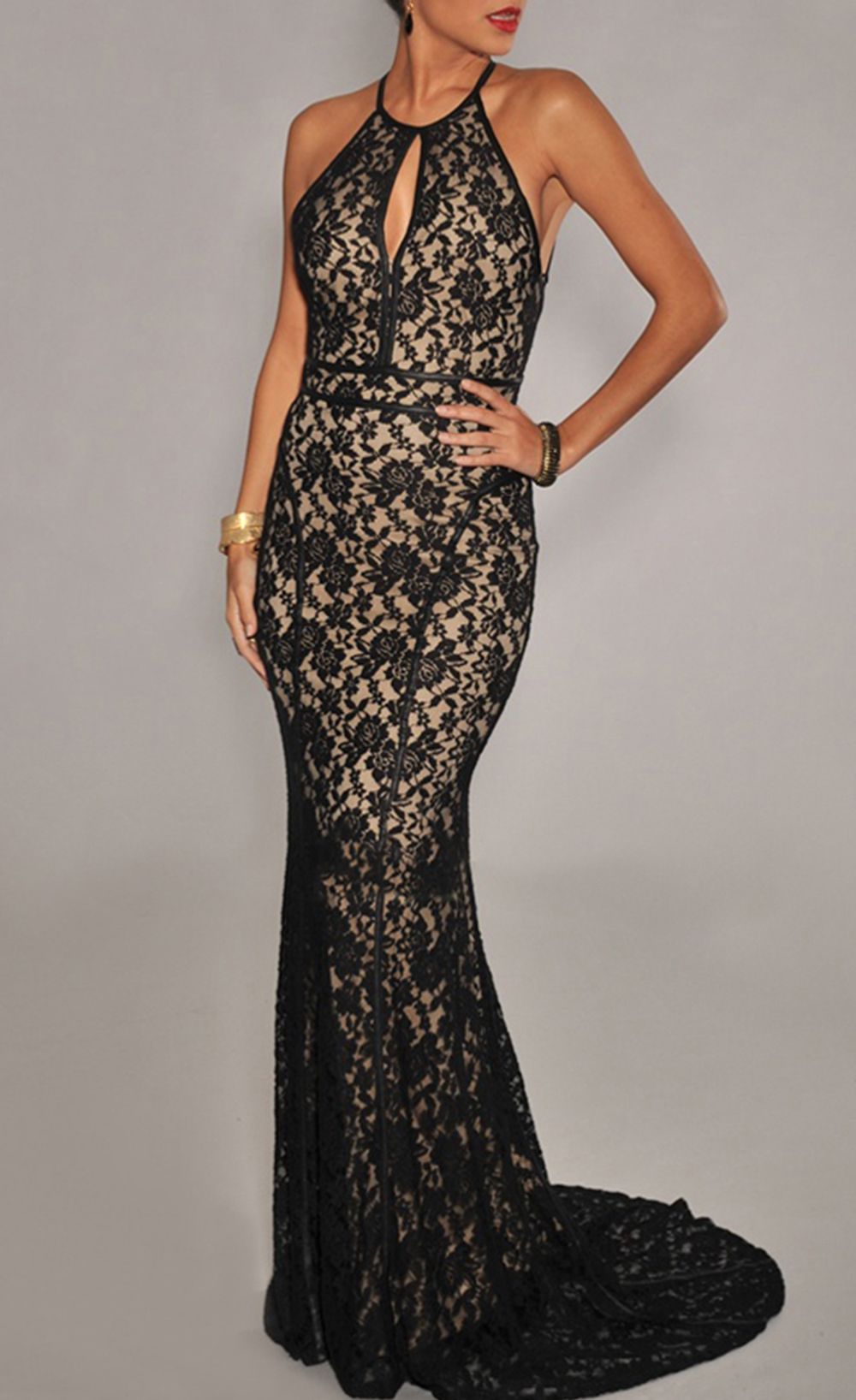 Black Lace Nude Illusion Open Back Evening Gown On Luulla